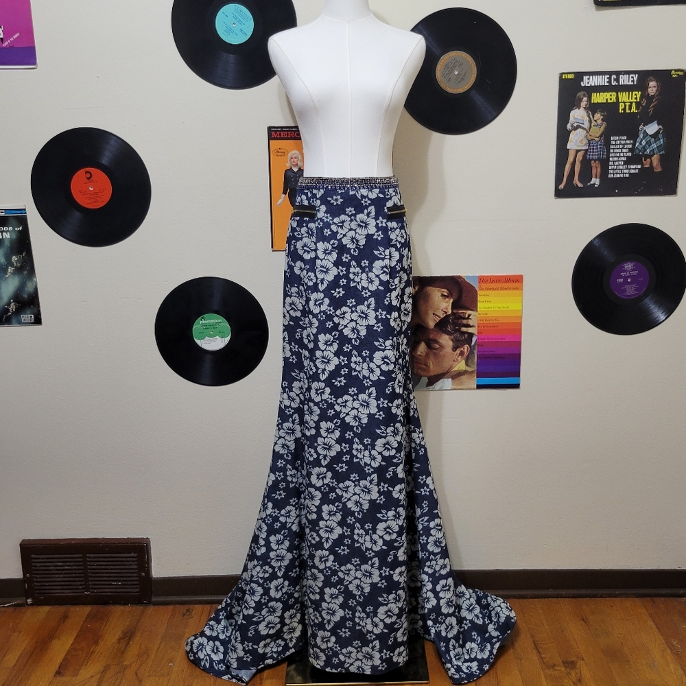 Tony Bowls | Denim Hibiscus Print Formal Skirt